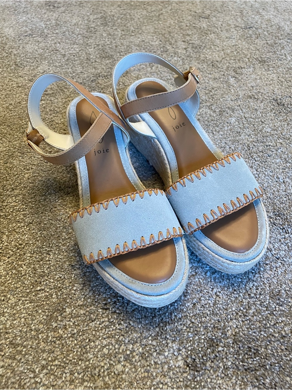 Joie Pale Blue Suede Espadrille Wedge Sandals with Tan Straps Size 10 boho